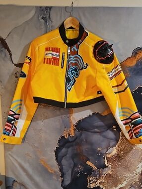 KPop Demon Hunter RUMI Inspired Yellow Moto Cropped Jacket with Graphic Details